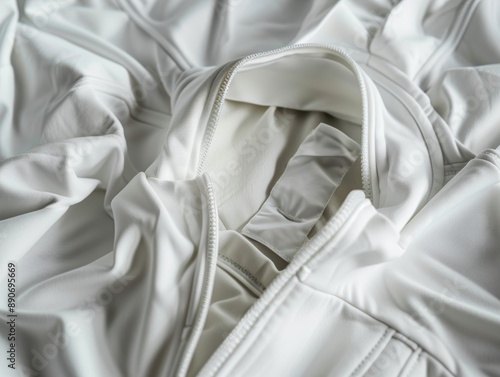 A detailed close-up of a white fabric surface showcasing its textures, softness, and luxurious, high-quality feel.