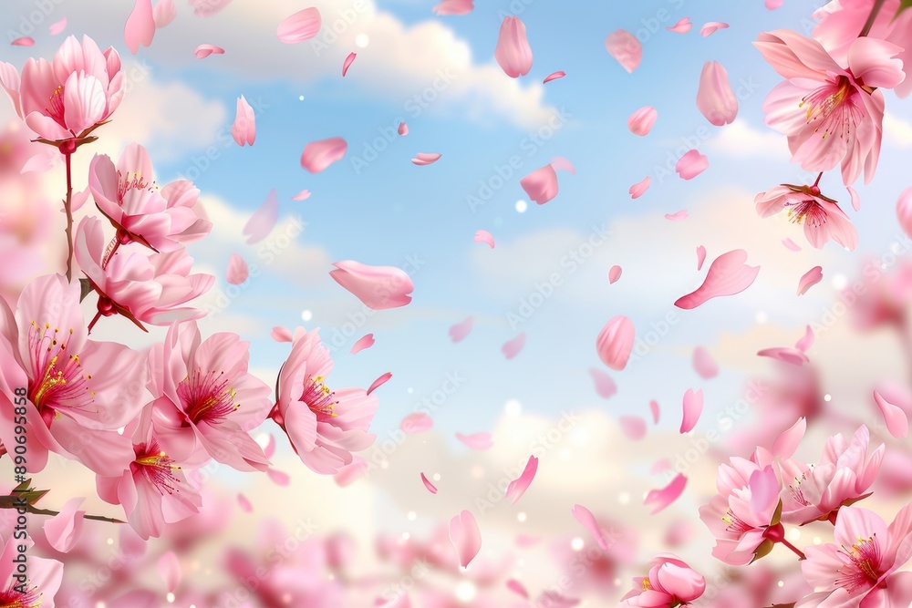 Fototapeta premium Pink sakura blossom petals in sky, floral wallpaper, cherry flowers, nature landscape banner