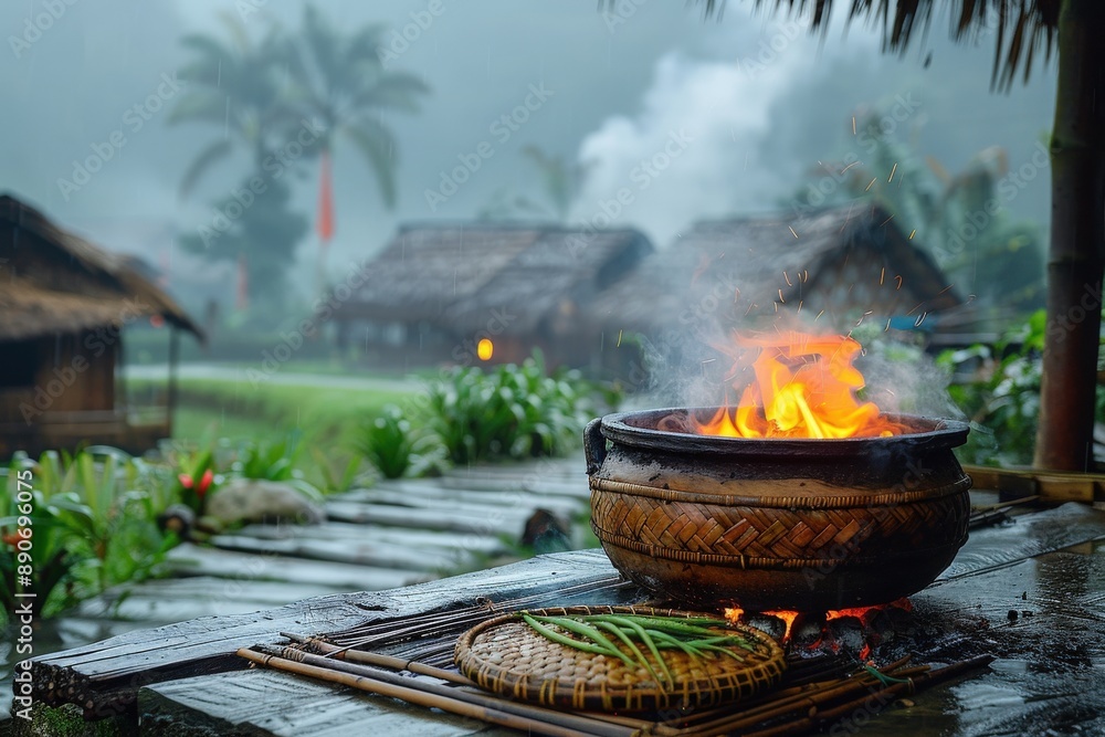 An outdoor cooking scene by fire in a traditional thatched roof hut on a rainy day, showcasing a cozy and tranquil setting with greenery and mist in the background. An outdoor cooking scene by fire in a traditional thatched roof hut on a rainy day, showcasing a cozy and tranquil setting with greenery and mist in the background.