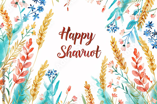 A vibrant floral illustration with the text 'Happy Shavuot' in the center, celebrating the Jewish festival with colorful flowers and wheat stalks framing the greeting.