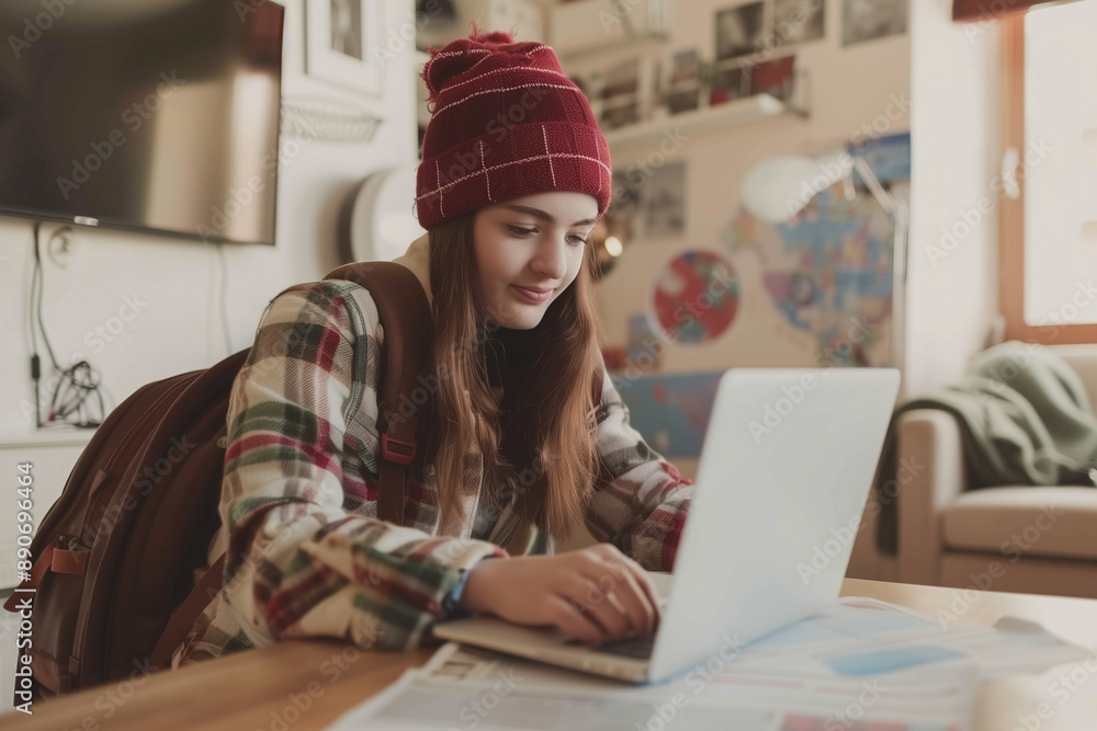 A girl wearing a red hat and a plaid shirt is sitting at a table with a laptop A girl wearing a red hat and a plaid shirt is sitting at a table with a laptop