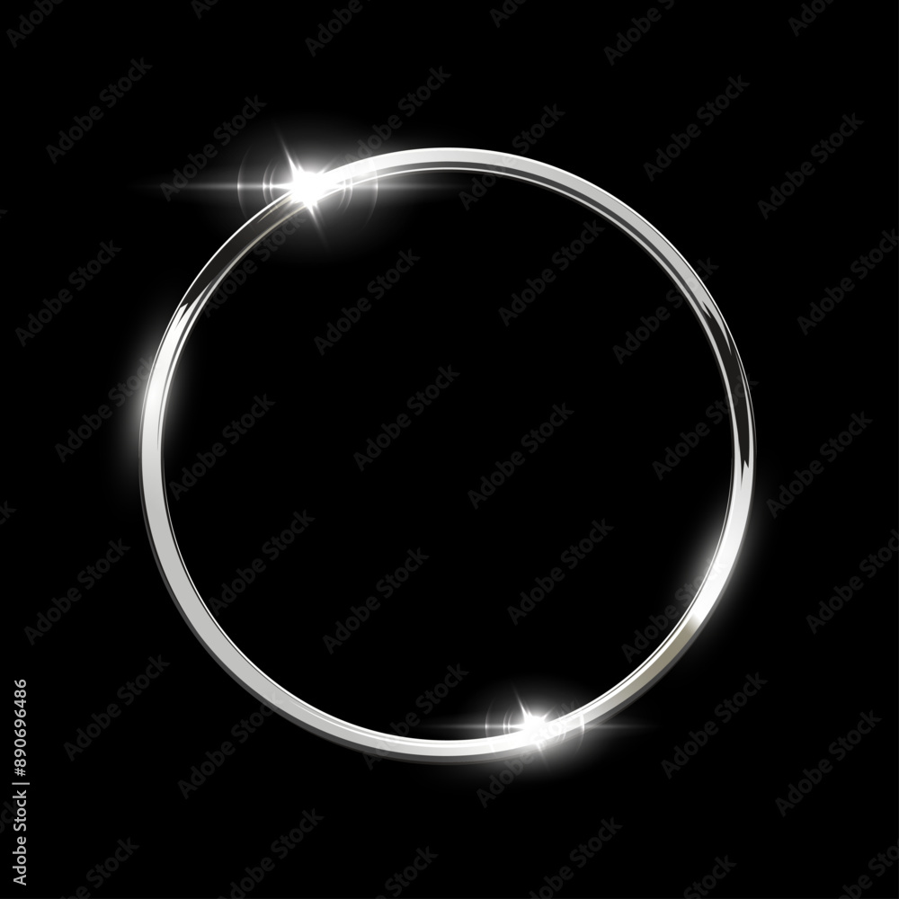 Silver circle frame. Silver award. Badge 3d vector realistic illustration. Second place medal isolated on black background. Metal platinum button. Empty round shiny element Silver circle frame. Silver award. Badge 3d vector realistic illustration. Second place medal isolated on black background. Metal platinum button. Empty round shiny element