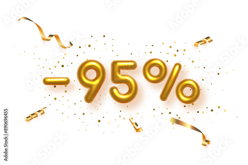 Discount creative composition with gold percent off. 3d Golden sale symbol with decorative balloon numbers, minus and percent signs. Sale banner or poster on white background vector illustration