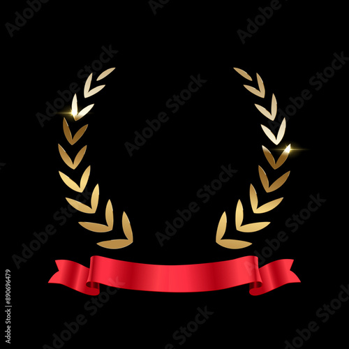 Gold laurel wreath with red ribbon and place for name of winner. Award icon. Champion reward. 3d realistic luxury leadership prize for awarding ceremony, competition, championship, best player, movie