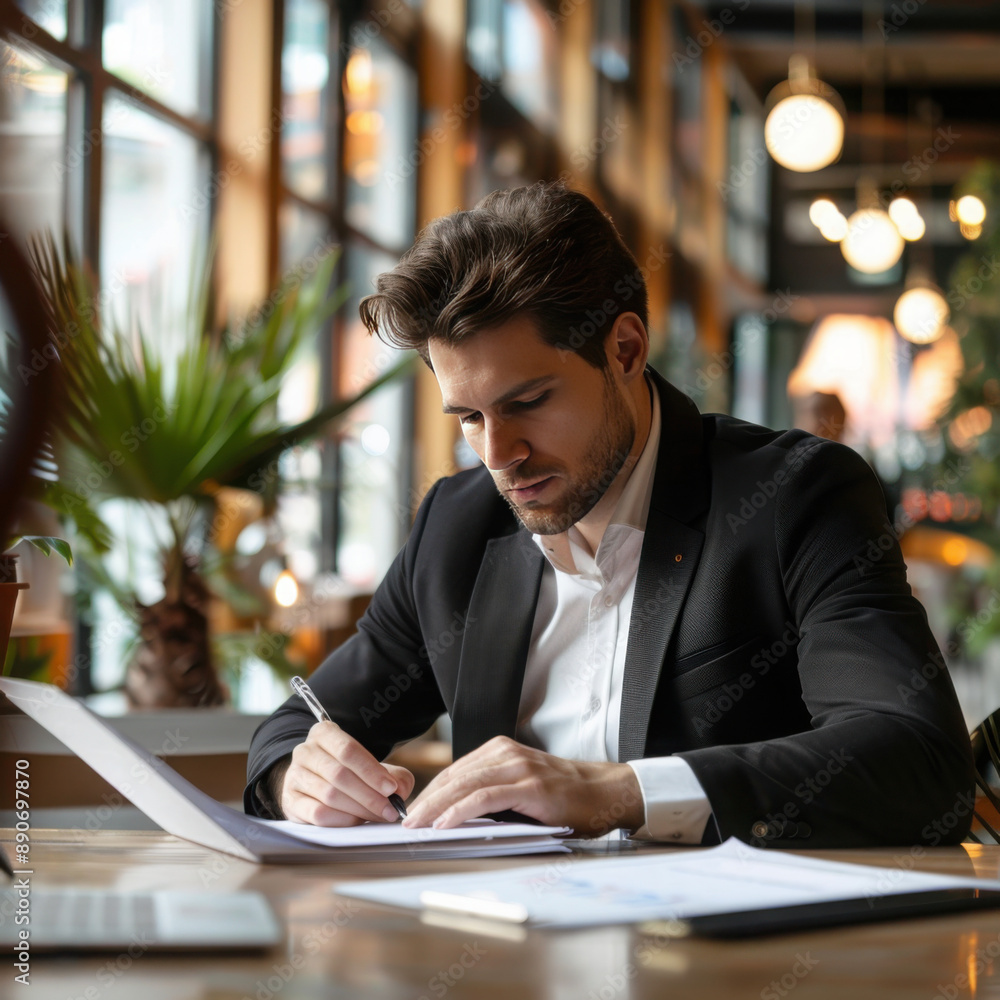 Young man in suit writing business papers at desk in modern coworking office. copy space. Young man in suit writing business papers at desk in modern coworking office. copy space.