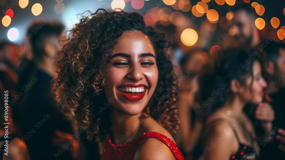 Woman with Curly Hair Smiling at a Party Woman with Curly Hair Smiling at a Party