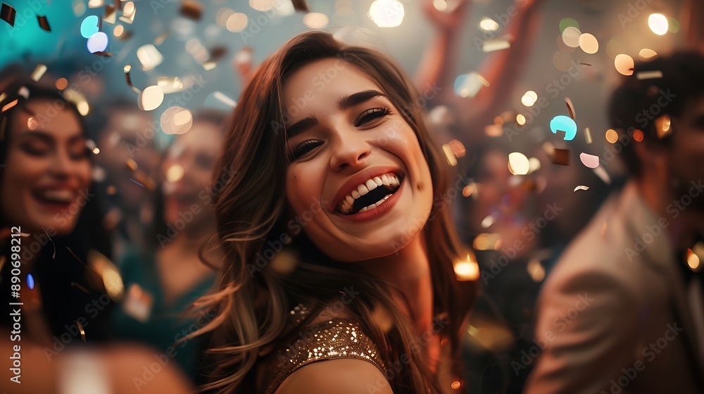 Celebrating with a Joyful Smile at a Festive Party Celebrating with a Joyful Smile at a Festive Party