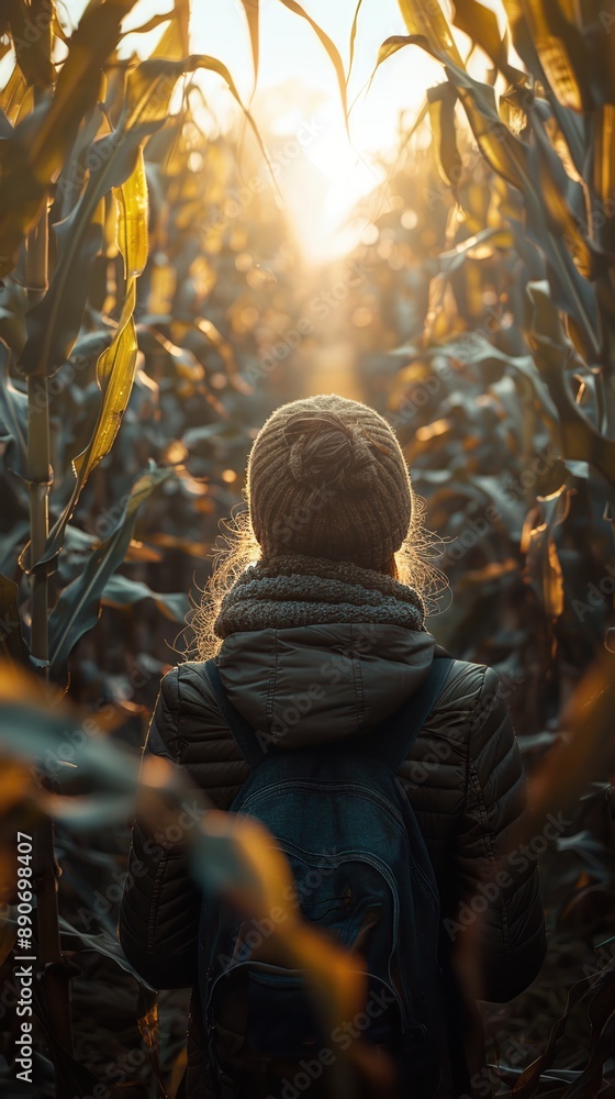 A person with a backpack and beanie hat walks through a sunlit cornfield, embracing nature and adventure in the golden light of sunset. A person with a backpack and beanie hat walks through a sunlit cornfield, embracing nature and adventure in the golden light of sunset.