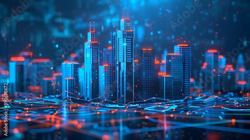 Abstract Modern City Model Background with Wireless Network and Digital Connectivity Elements in a Futuristic Urban Environment