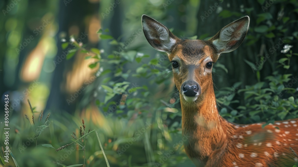 Close-up of a deer in a forest glade. Close-up of a deer in a forest glade.