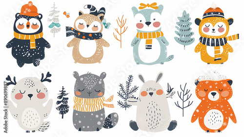 Charming set of winter animal stickers, showcasing adorable smiling animals in winter attire, ideal for decorating journals, holiday cards, and DIY projects
