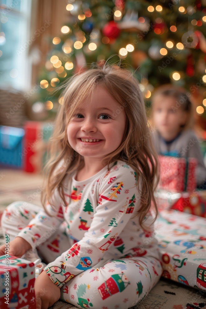 A high-definition photograph of children opening Christmas presents, joyful expressions, candid shot. A high-definition photograph of children opening Christmas presents, joyful expressions, candid shot.