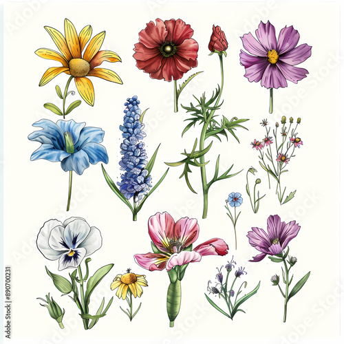 Charming collection of pencil-drawn birth flowers in vibrant colors, ideal for enhancing greeting cards, scrapbooks, and personalized gifts
