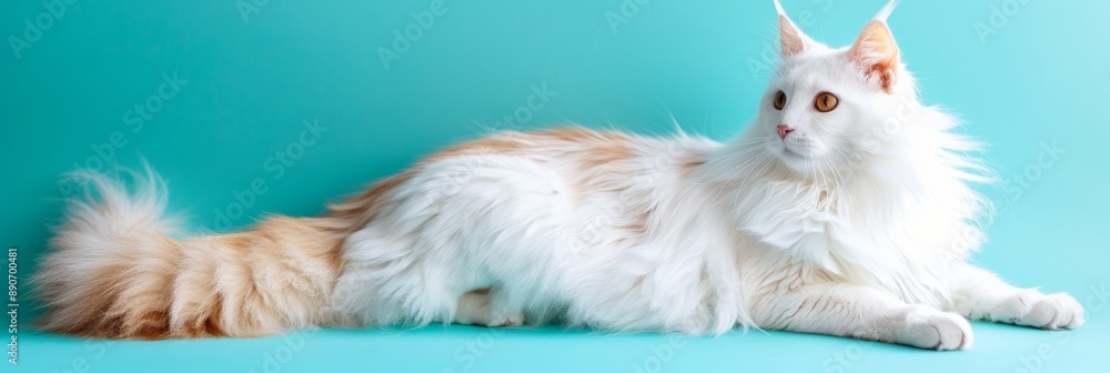White cat elegantly poses in pet photography against stunning klein blue background White cat elegantly poses in pet photography against stunning klein blue background