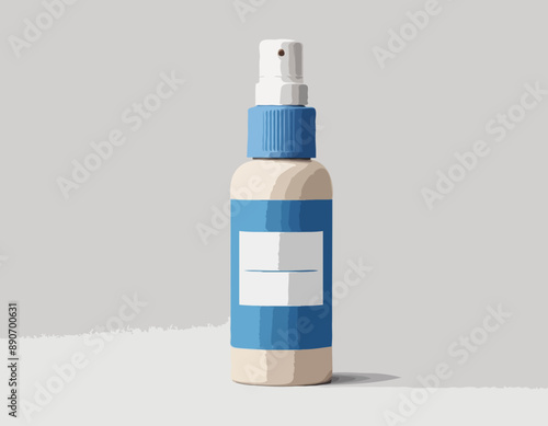 Beige and blue medicine bottle isolated. White label. Flat style. Throat spray. Pharmacy and health care. Medication, pharmaceutical concept. Antibiotic therapy. Pneumonia and coronavirus treatment 