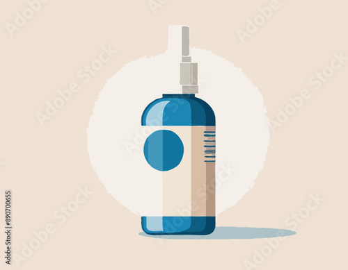 Beige and blue medicine bottle isolated. White label. Flat style. Throat spray. Pharmacy and health care. Medication, pharmaceutical concept. Antibiotic therapy. Pneumonia and coronavirus treatment 