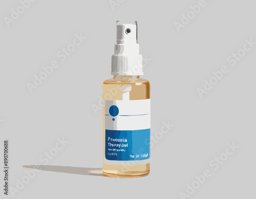 Beige and blue medicine bottle isolated. White label. Flat style. Throat spray. Pharmacy and health care. Medication, pharmaceutical concept. Antibiotic therapy. Pneumonia and coronavirus treatment 