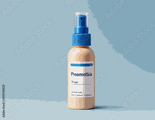 Beige and blue medicine bottle isolated. White label. Flat style. Throat spray. Pharmacy and health care. Medication, pharmaceutical concept. Antibiotic therapy. Pneumonia and coronavirus treatment 