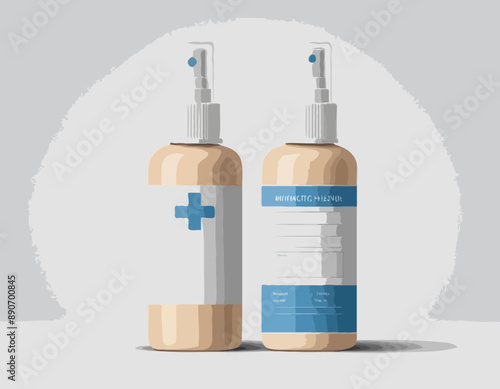 Beige and blue medicine bottle isolated. White label. Flat style. Throat spray. Pharmacy and health care. Medication, pharmaceutical concept. Antibiotic therapy. Pneumonia and coronavirus treatment 