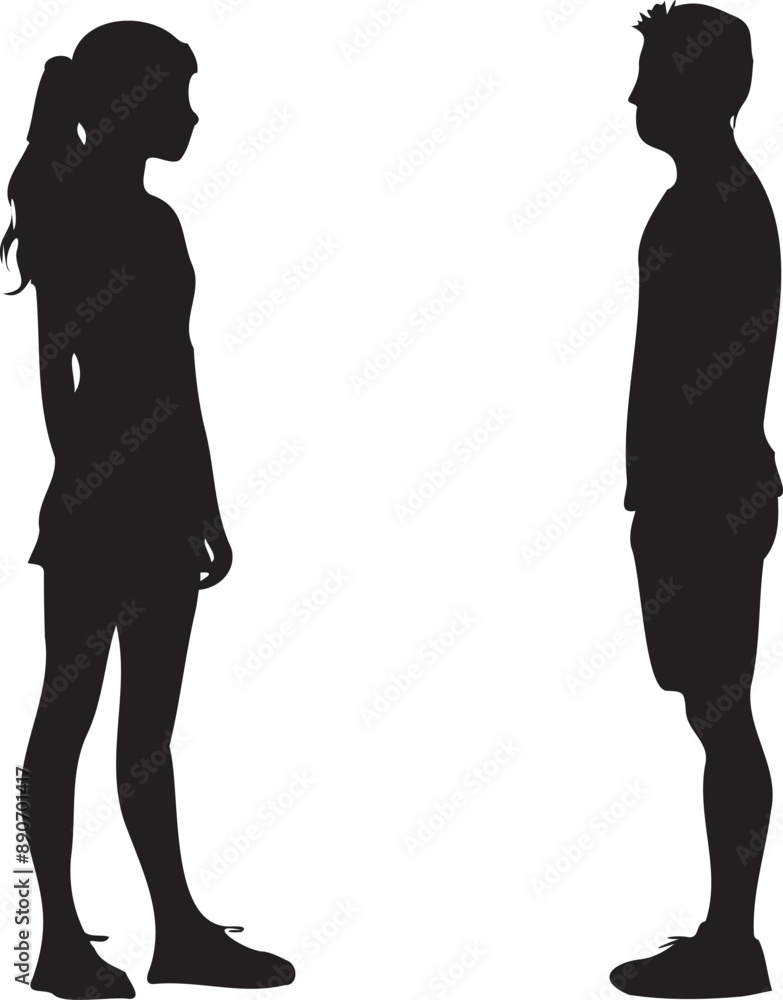 Young man and woman standing black silhouette Young man and woman standing black silhouette