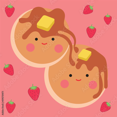 Pancakes with a happy face, a pair of hotcakes with butter and honey on top, a pink background and hearts around. Kawaii style hotcakes