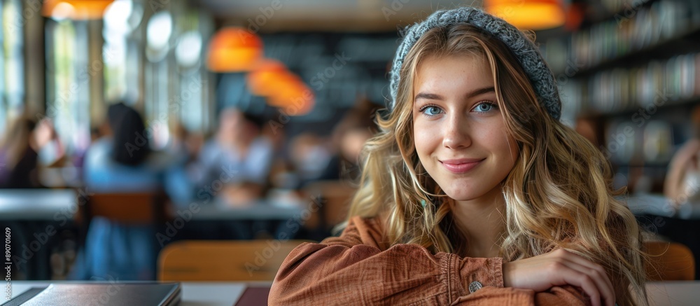 Smiling Woman in a Cafe with a Knitted Hat Smiling Woman in a Cafe with a Knitted Hat