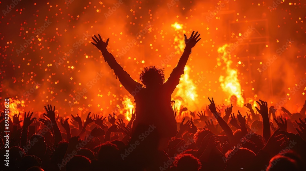 Capture the crowd's excitement with their hands in the air during a concert Capture the crowd's excitement with their hands in the air during a concert