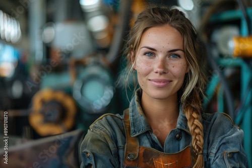 A woman stands confidently in a factory setting, wearing work overalls and sporting a braid, her face smudged with dirt showing dedication and resilience in her craft.