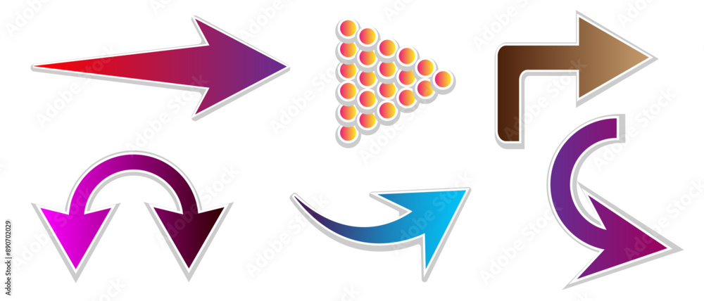 Arrows. Set of isolated multi-colored gradient arrows of different shapes on a white background. Blue, lilac, pink, brown, yellow colors. Vector design element. Arrows. Set of isolated multi-colored gradient arrows of different shapes on a white background. Blue, lilac, pink, brown, yellow colors. Vector design element.