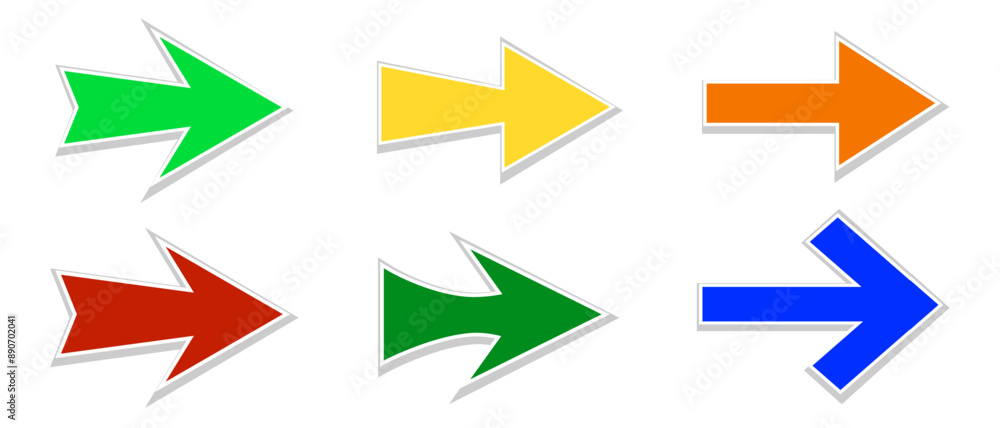 Arrows. Set of isolated multi-colored arrows of different shapes on a white background. Blue, orange, green, yellow colors. Vector design element. Arrows. Set of isolated multi-colored arrows of different shapes on a white background. Blue, orange, green, yellow colors. Vector design element.