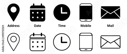 Set of web icons and badges. Icon of location or address, notification or email, icon of stopwatch or clock, calendar or date, mobile phone. Vector.