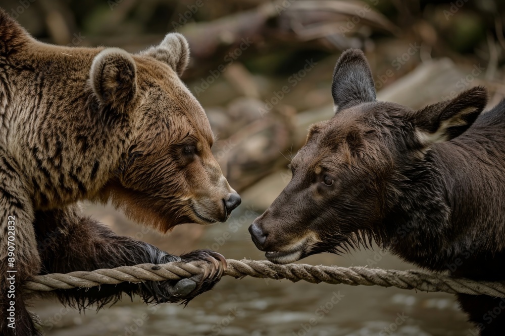Obraz premium A bear and a deer engaged in a friendly game of tug-of-war in a natural setting. Hyper realistic. Shot with canon 5d Mark III --ar 3:2 --style raw Job ID: 7eb63825-e70a-4d2e-8f5d-48d11d1adab8