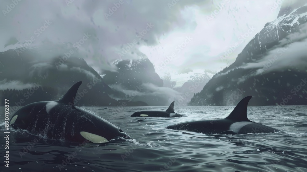 Obraz premium Orcas Swimming Through a Fjord in the Norwegian Arctic