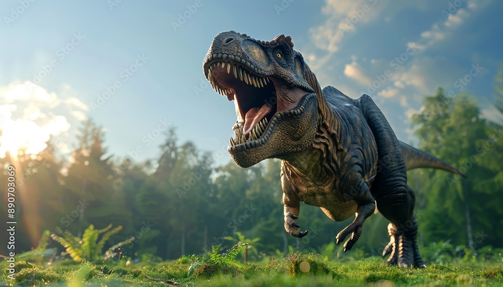 Fototapeta premium Prehistoric dinosaurs in triassic grasslands under a blue sky, depicting historical habitat