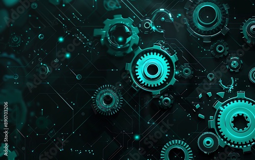 Elegant Futuristic Digital Technology Background with Teal Gears and Cogs on Black, Perfect for Modern Mechanical Themes