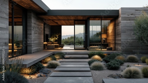 A contemporary home with a minimalist design featuring a central courtyard and desert landscaping. The architectural elements blend seamlessly with the natural surroundings, creating a serene abode. photo