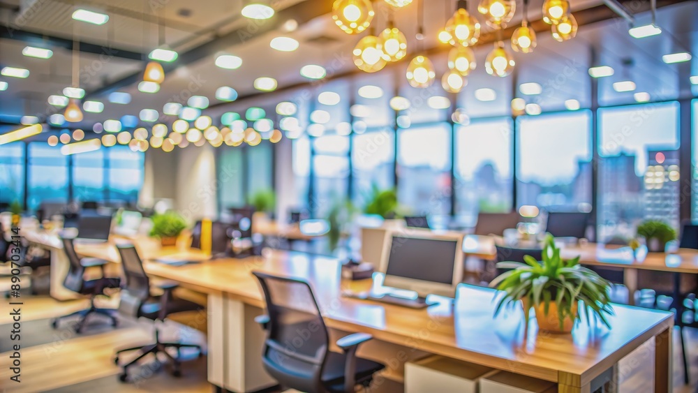 Fototapeta premium Blurred Office Space with City View and Light Fixtures, office space, modern design, city skyline, light fixtures