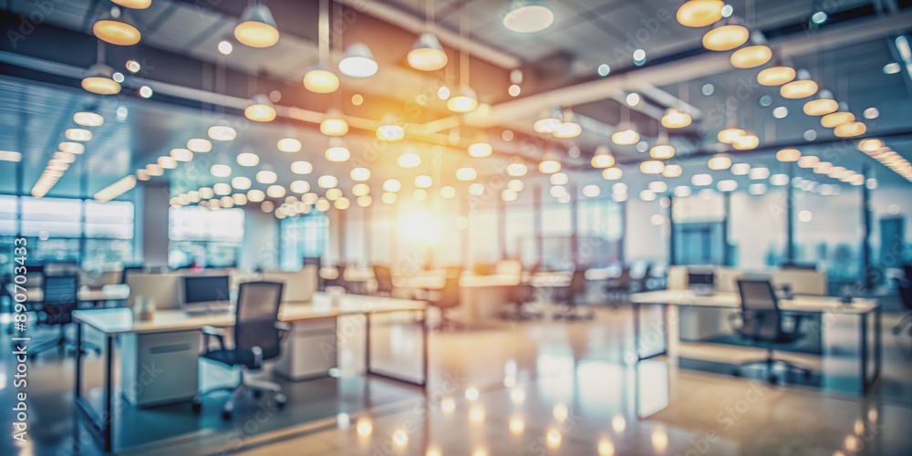 Fototapeta premium Blurred Office Space with Warm Lighting, bokeh, office, interior, workspace