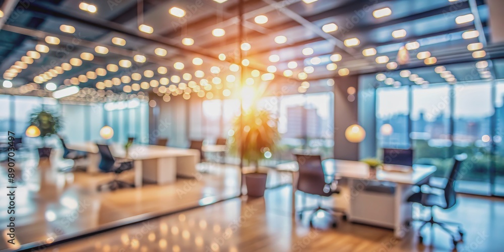 Fototapeta premium Blurry Office Interior with Warm Lighting, Bokeh , Office Interior , Work Space , Abstract