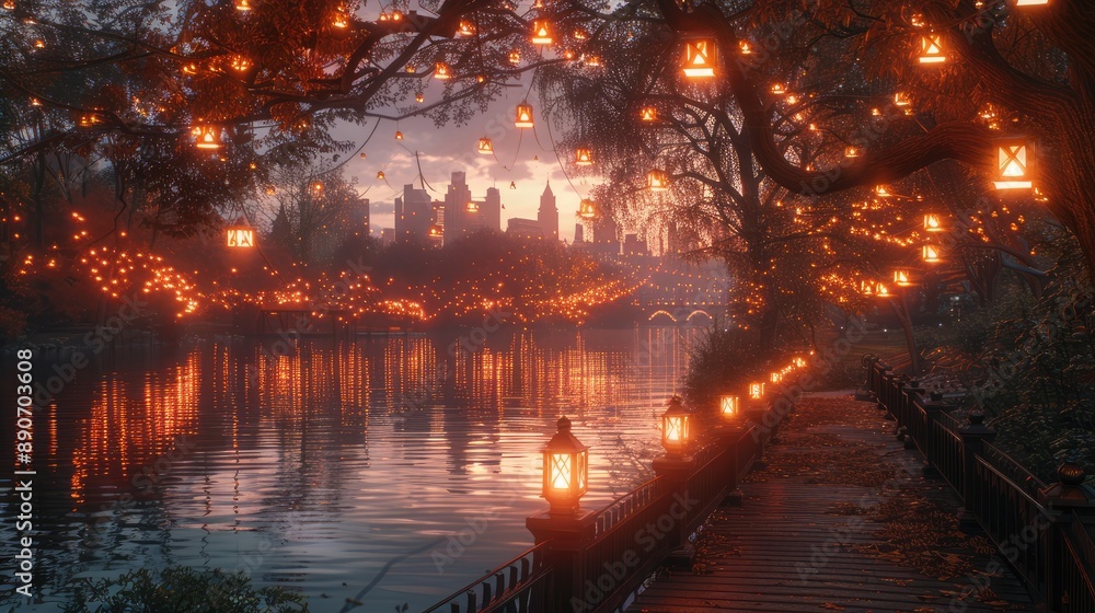 An urban park lit by lanterns and surrounded by city buildings An urban park lit by lanterns and surrounded by city buildings