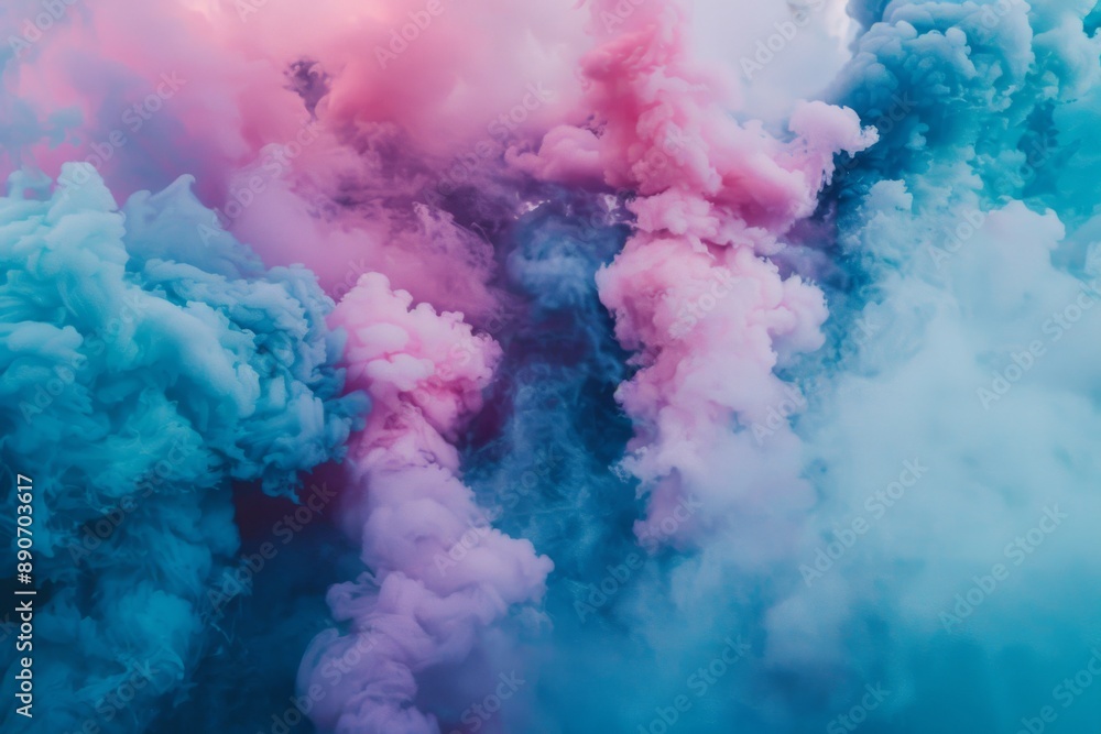 A mesmerizing blue and pink smoke bomb explodes, filling the air with a kaleidoscope of colors. The vibrant hues create a dreamy and captivating atmosphere. A mesmerizing blue and pink smoke bomb explodes, filling the air with a kaleidoscope of colors. The vibrant hues create a dreamy and captivating atmosphere.