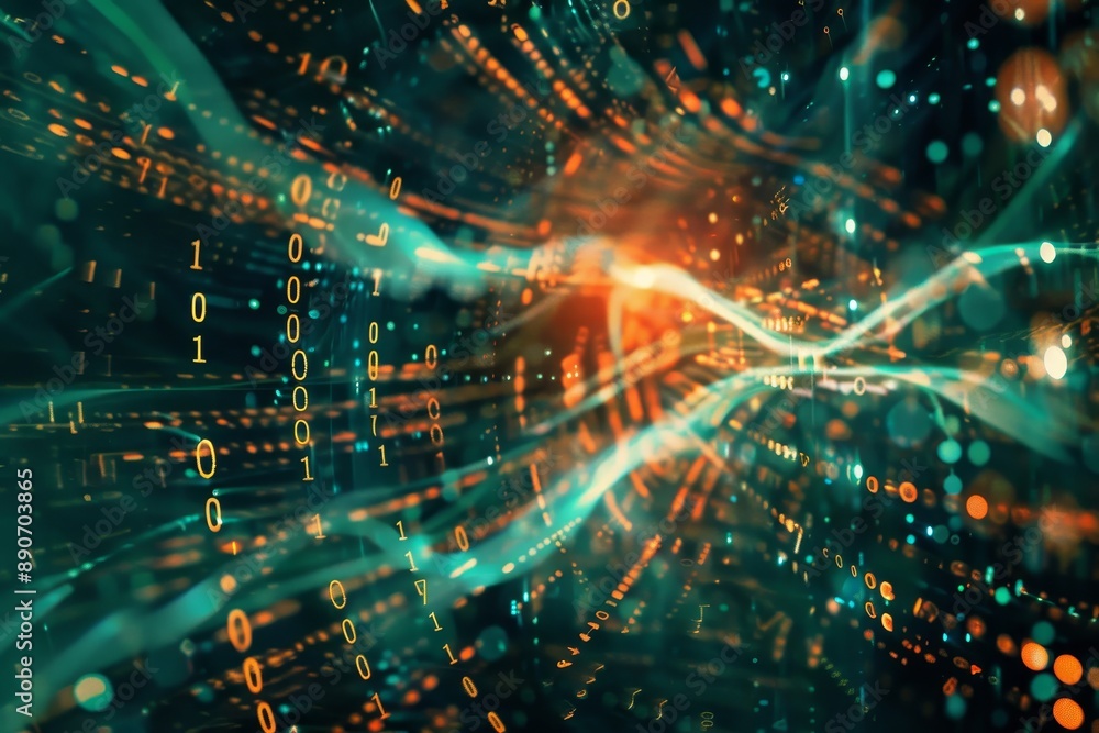 Binary code and network connections overlapping in a futuristic double exposure Binary code and network connections overlapping in a futuristic double exposure