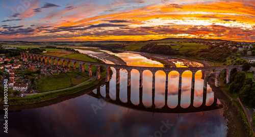 Berwick, Northumberland, UK, June 19, 2024; sunset aerial view of the Royal Border Bridge Viaduct, Berwick, Berwick-upon-Tweed, Northumberland, England, UK.