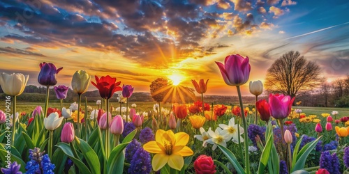 Fototapeta Naklejka Na Ścianę i Meble -  Colorful Sunset Tulips Field, tulips , spring , sunset , flowers