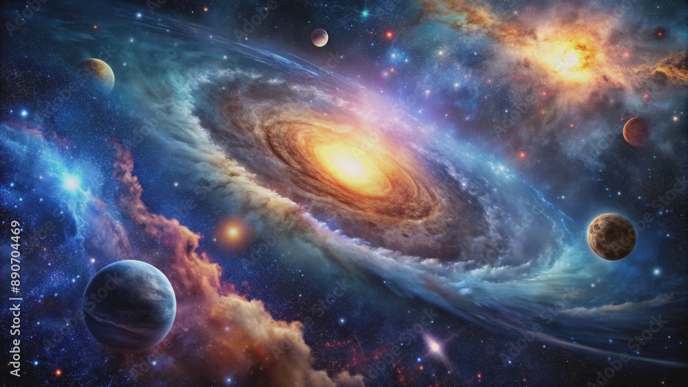 Obraz premium Cosmic Dance A Spiral Galaxy with Planetary Companions, space , galaxy , planets , nebula