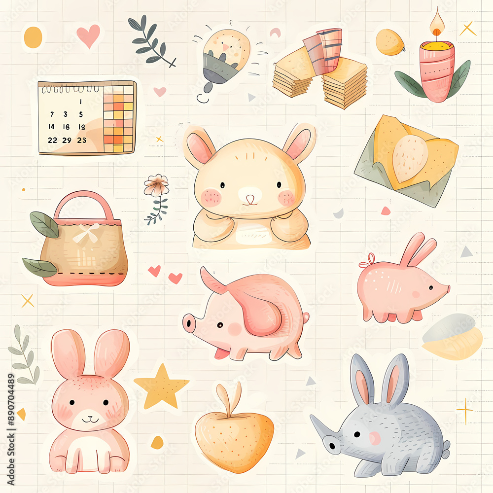 Fototapeta premium Tileset of Cute Rabbit Stickers – Perfect for Planners & Scrapbooks