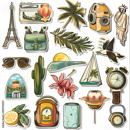 Illustration Set of Travel Items Stickers on White Background photo