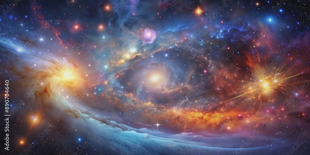 Fototapeta premium Cosmic Dance of Stars, Nebulae, and Explosions, Digital Painting, Space, Stars, Nebulae