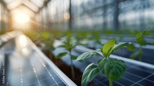 Young plants are growing inside a greenhouse, with rows of seedlings thriving under the daylight sun, representing growth, cultivation, and the nurturing of new life in a controlled environment. photo