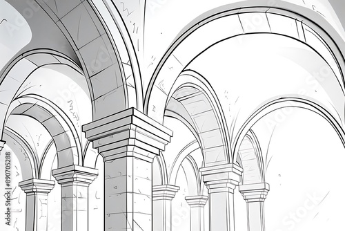 Create a series of elegant architectural arches, showcasing their graceful curves and details with bold, graphic outlines.